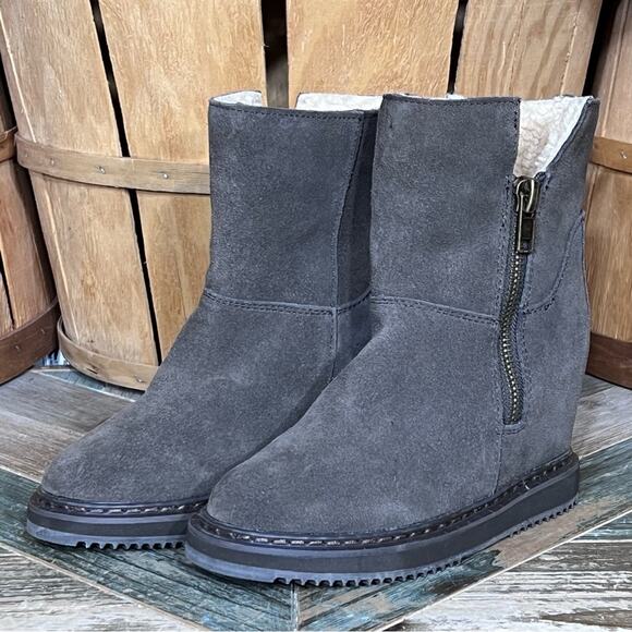 Aldo Gray Suede Shearling Fur Lined Zip-Up Wedge Heel Ankle Boots Women Size 6.5 - Picture 3 of 12